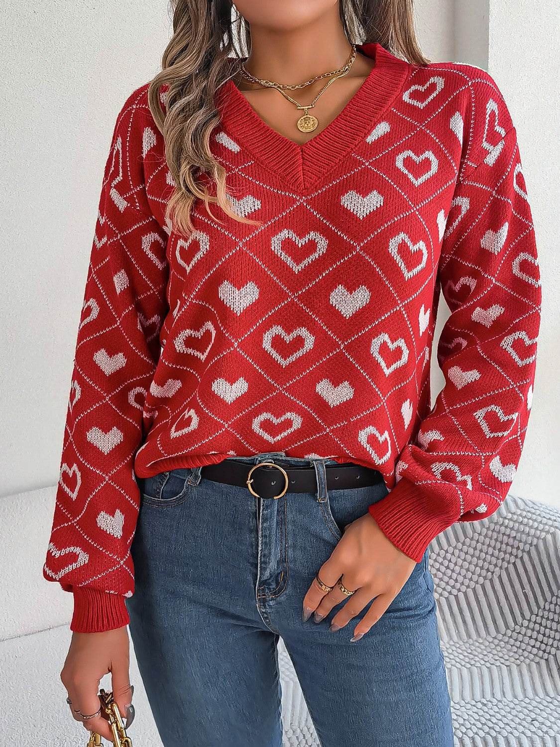 Heart Pattern V-Neck Long Sleeve Sweater Deep Red for a perfect OOTD – dress to impress outfits from Amexza