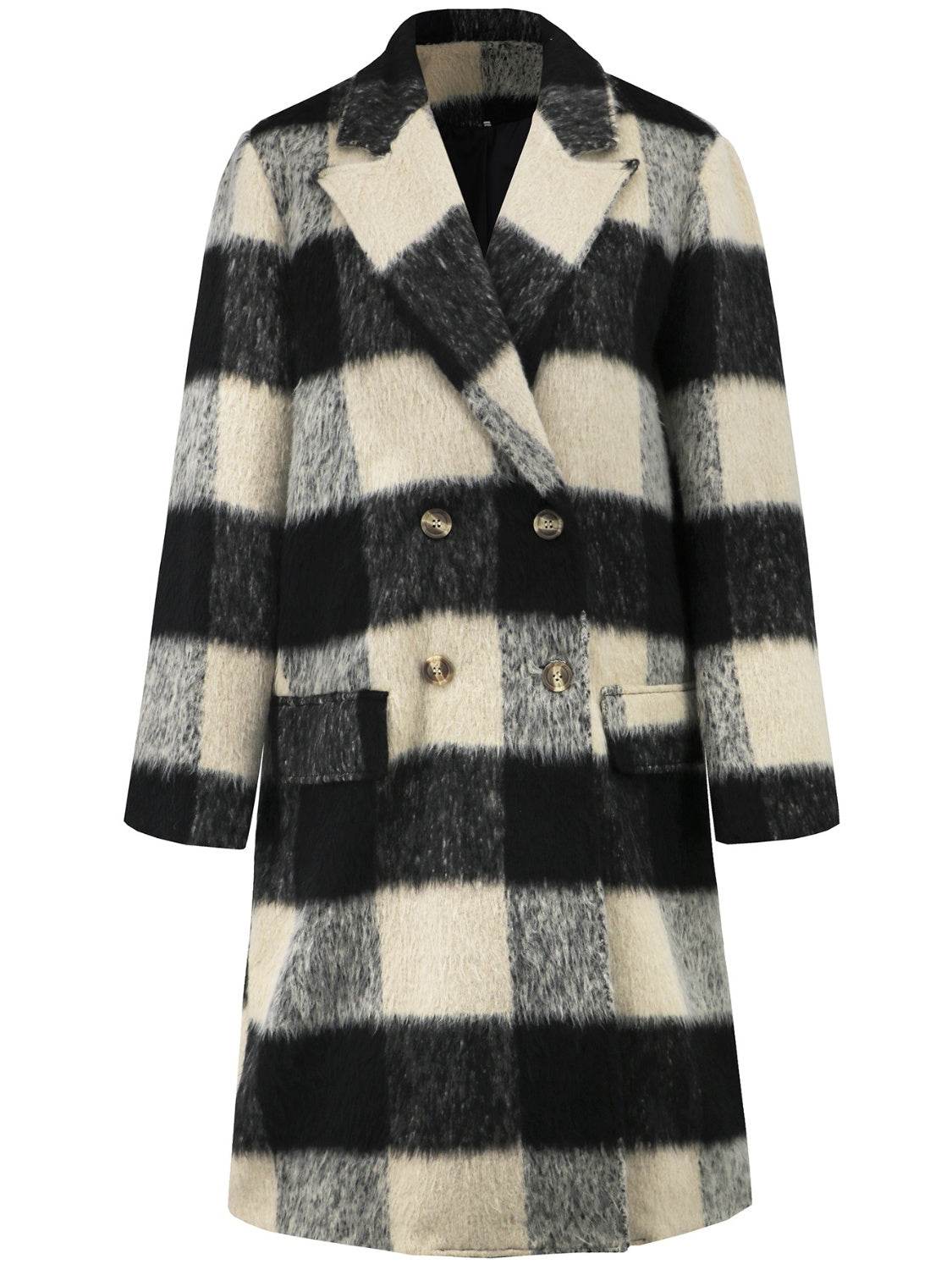 Plaid Double-Breasted Long Sleeve Coat - Amexza