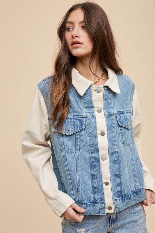Annie Wear Collared Neck Double Placket Denim Jacket - Amexza