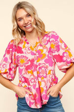 Haptics Full Size Frill Floral Puff Sleeve Blouse - Amexza