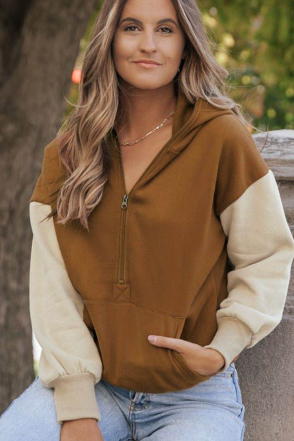 Contrast Half Zip Long Sleeve Hoodie for a perfect OOTD – dress to impress outfits from Amexza