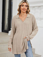 Slit Johnny Collar Long Sleeve T-Shirt - Amexza