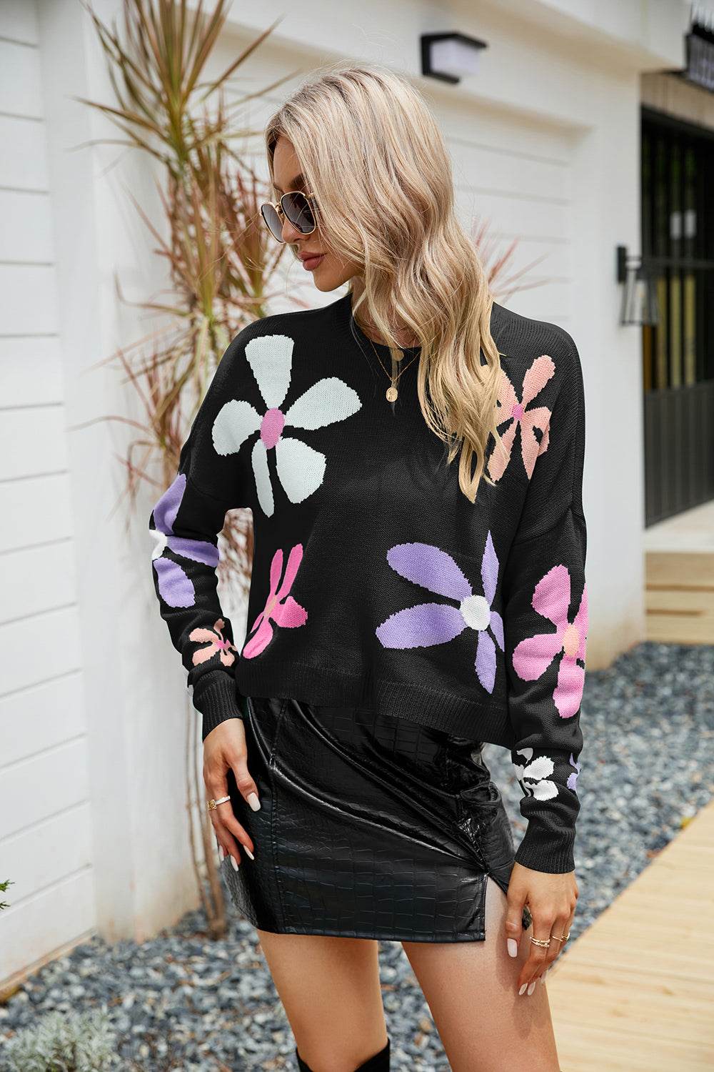 Flower Round Neck Drop Shoulder Sweater Black for a perfect OOTD – dress to impress outfits from Amexza