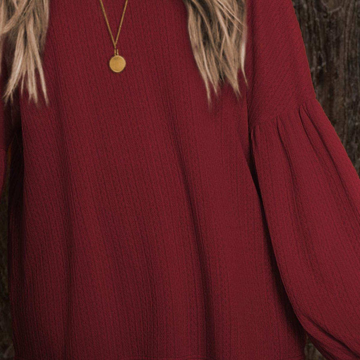 Round Neck Long Sleeve Ruched Blouse - Amexza