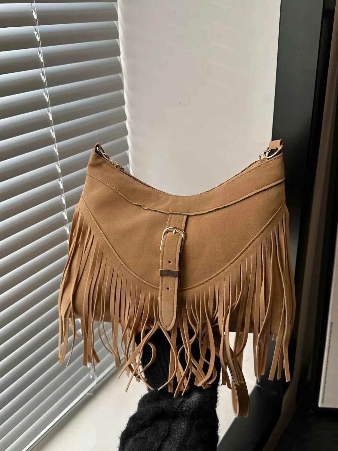 Fringe Solid Color Shoulder Bag Tan One Size for a perfect OOTD – dress to impress outfits from Amexza