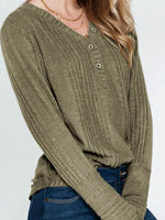 Textured V-Neck Long Sleeve T-Shirt - Amexza
