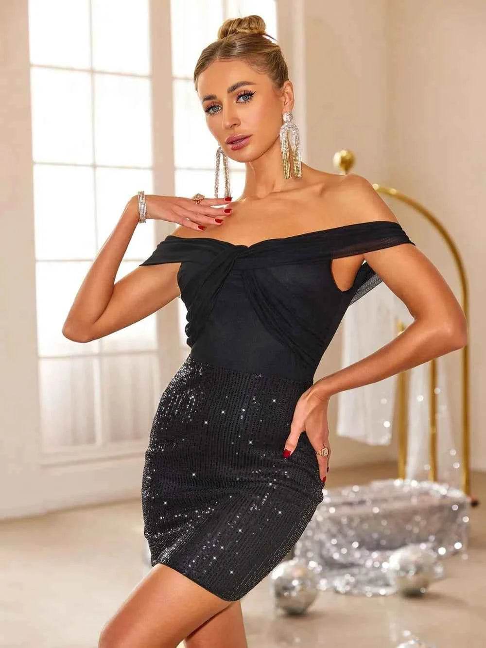 Backless Sequin Off Shoulder Short Sleeve Dress for a perfect OOTD – dress to impress outfits from Amexza