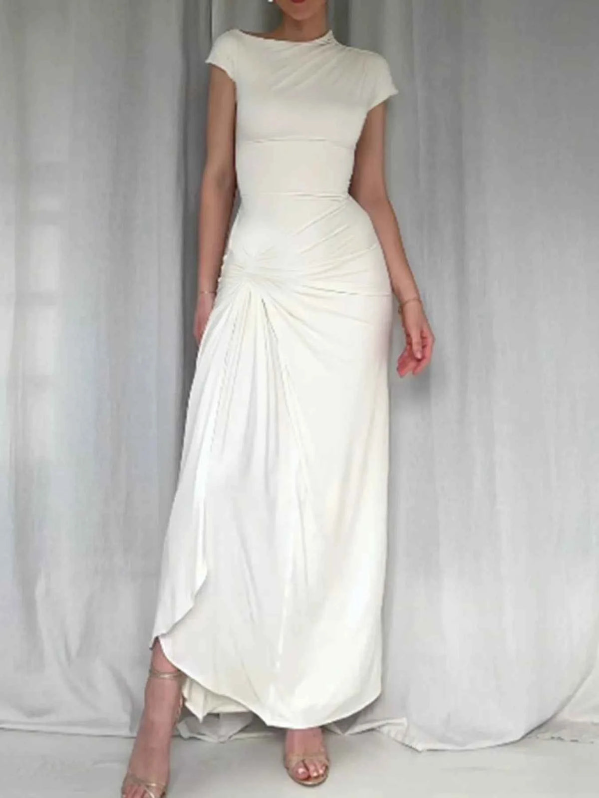 Ruched Slit Cap Sleeve Maxi Dress