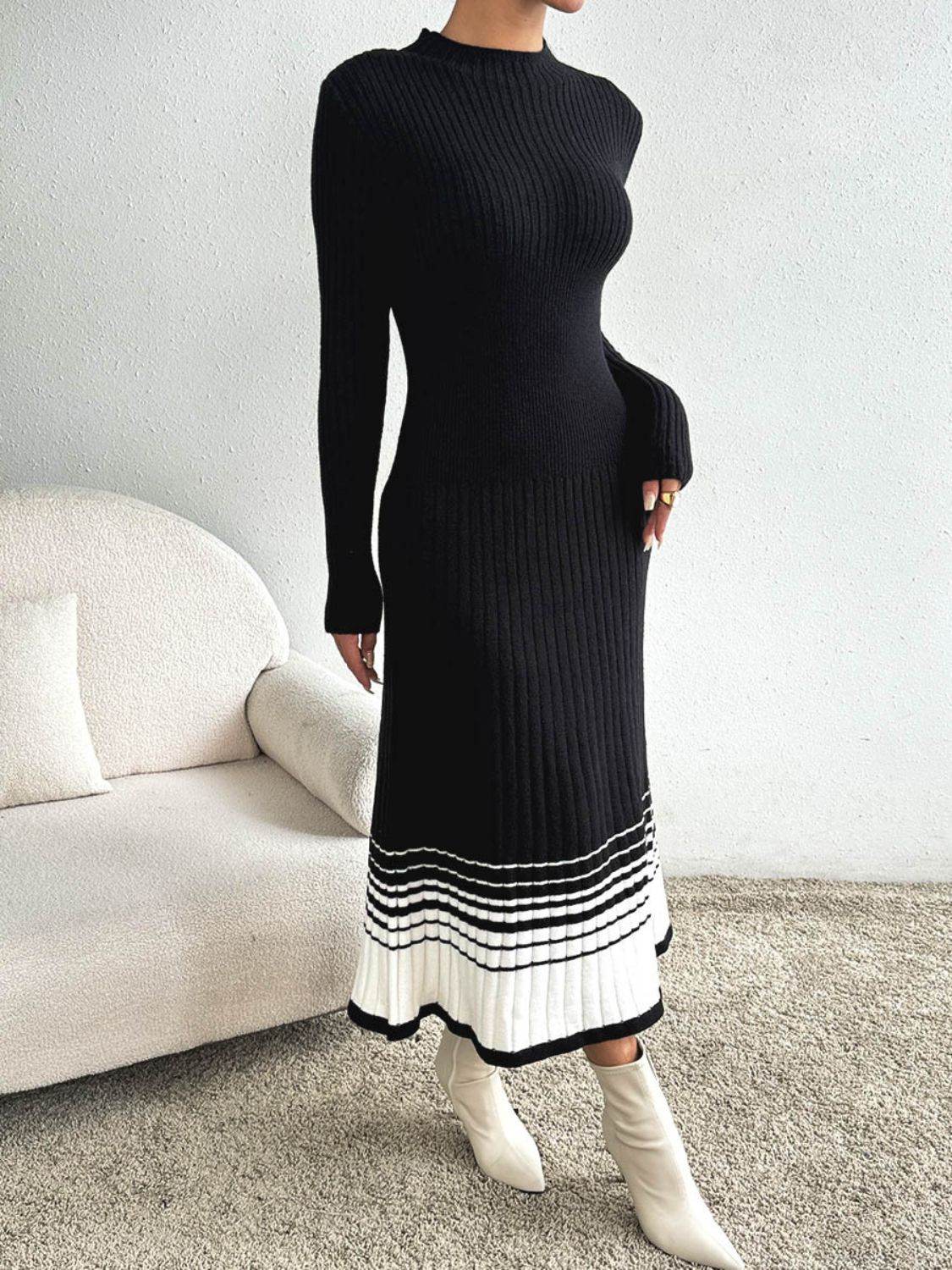 Contrast Mock Neck Long Sleeve Sweater Dress for a perfect OOTD – dress to impress outfits from Amexza