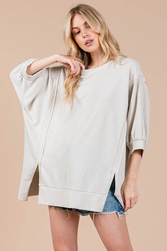 Ces Femme Side Slit Drop Shoulder Puff Sleeve Sweatshirt Stone for a perfect OOTD – dress to impress outfits from Amexza