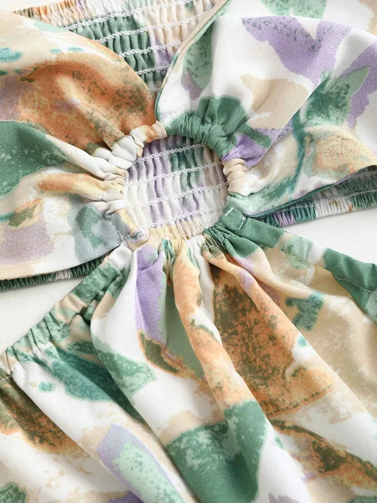 Smocked Printed Tie-Shoulder Dress