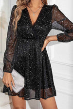 Glitter Surplice Long Sleeve Mini Dress - Amexza