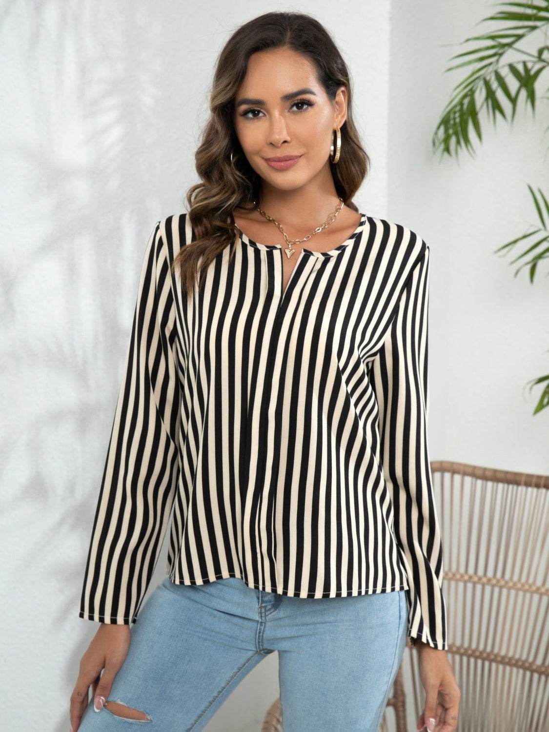 Striped Long Sleeve Notched Blouse - Amexza