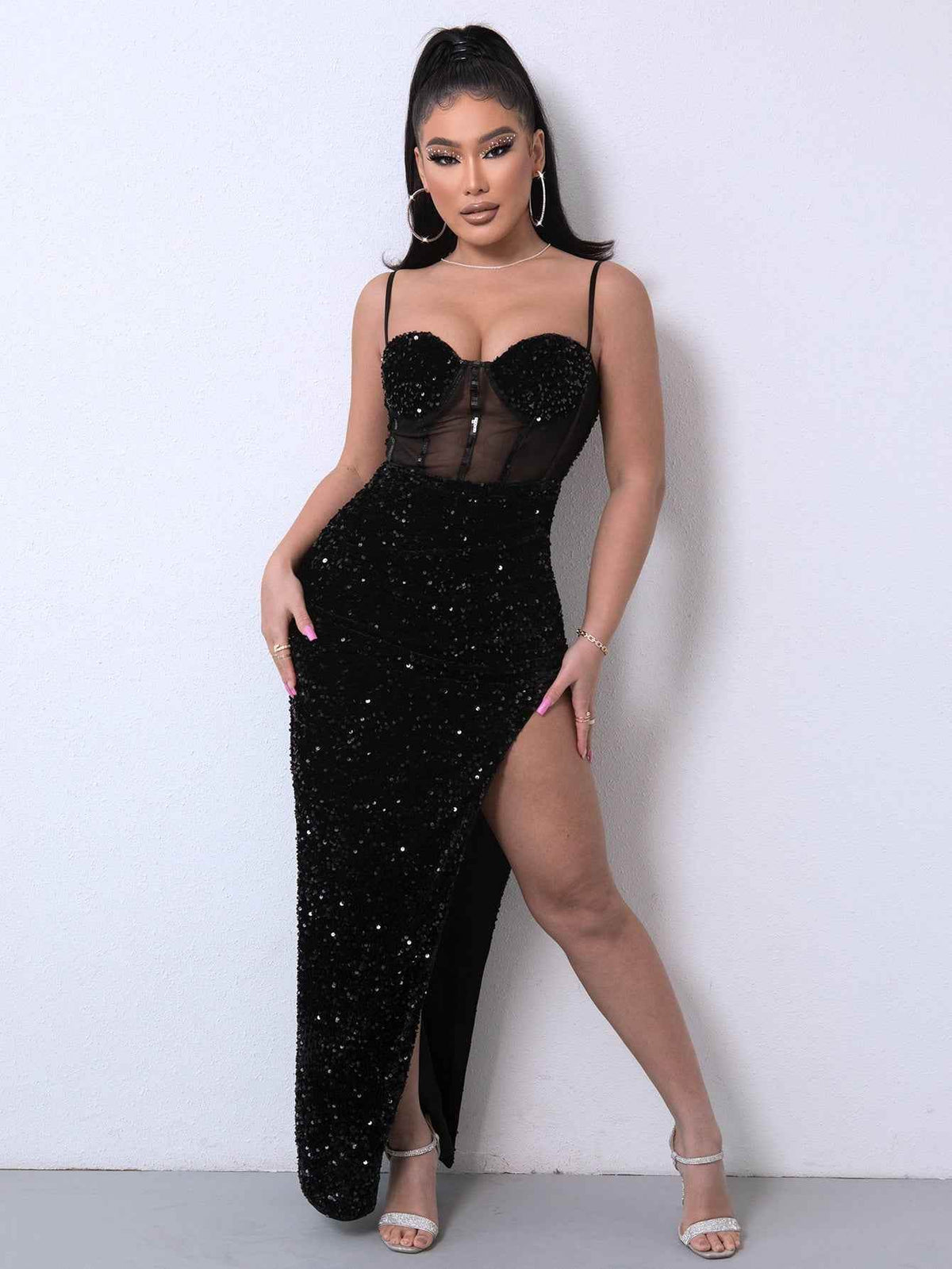 Sequin Spliced Mesh Adjustable Strap Dress Black for a perfect OOTD – dress to impress outfits from Amexza