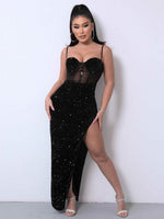 Sequin Spliced Mesh Adjustable Strap Dress Black for a perfect OOTD – dress to impress outfits from Amexza