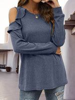 Round Neck Ruffled Cold-Shoulder Blouse - Amexza
