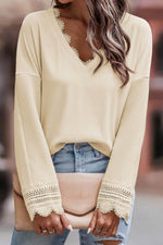 Lace Detail V-Neck Long Sleeve T-Shirt - Amexza