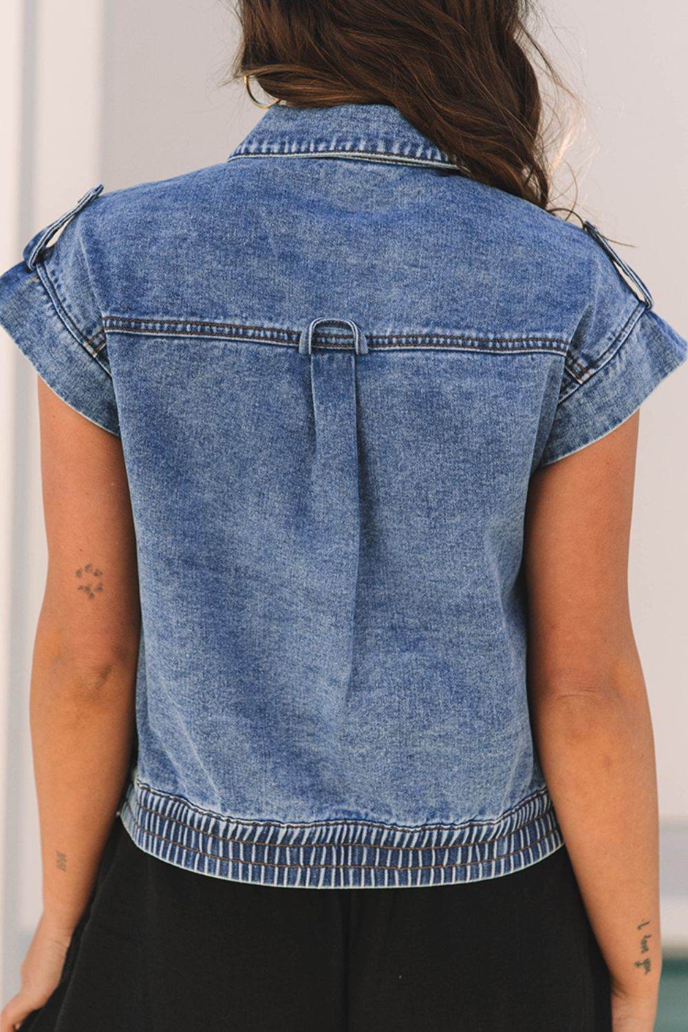 Button Up Cap Sleeve Denim Jacket - Amexza