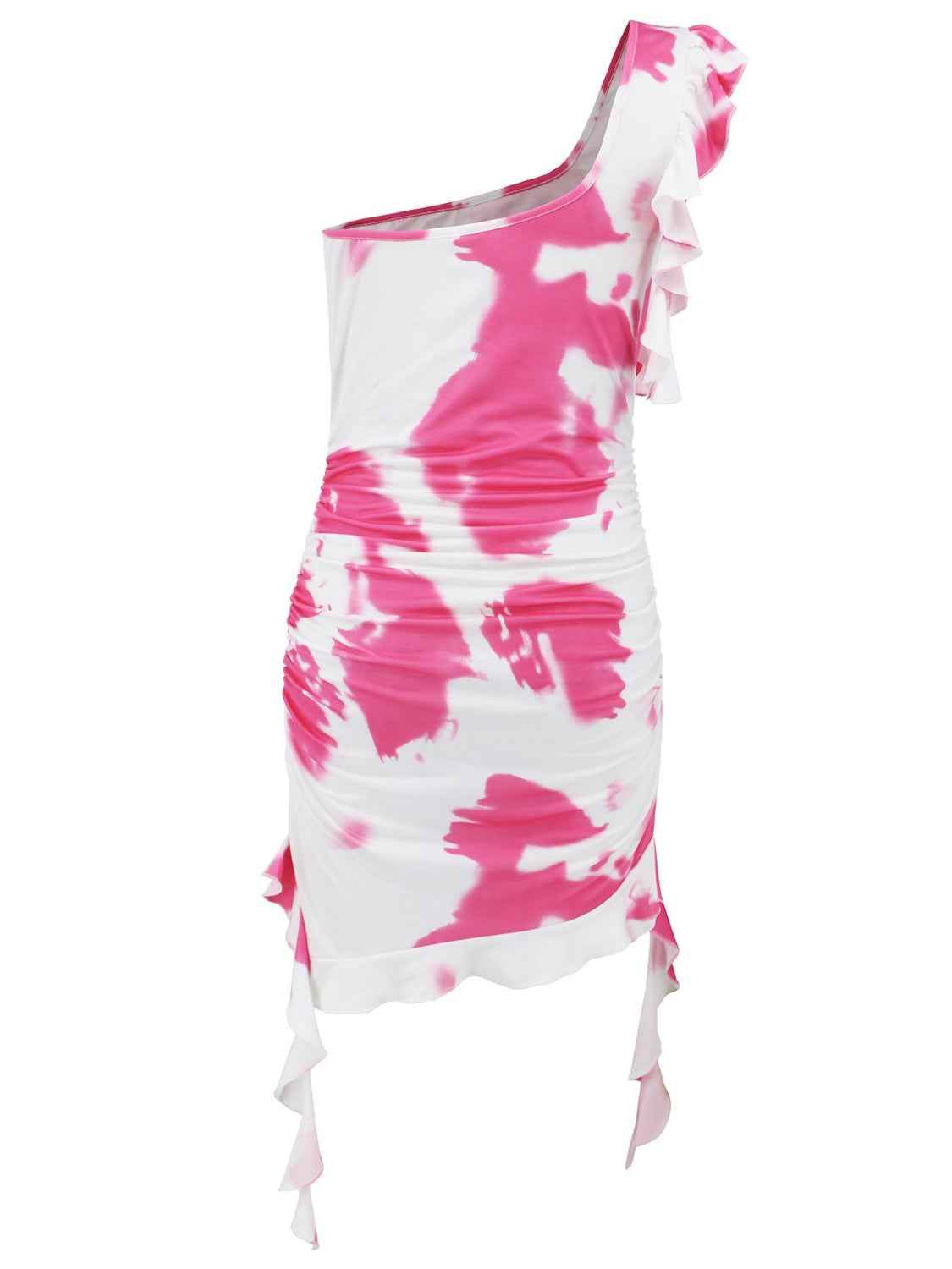 Ruffled Tie-Dye Single Shoulder Mini Dress - Amexza