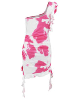 Ruffled Tie-Dye Single Shoulder Mini Dress - Amexza