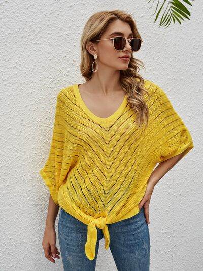 Openwork Batwing Sleeve Cover-Up Yellow for a perfect OOTD – dress to impress outfits from Amexza