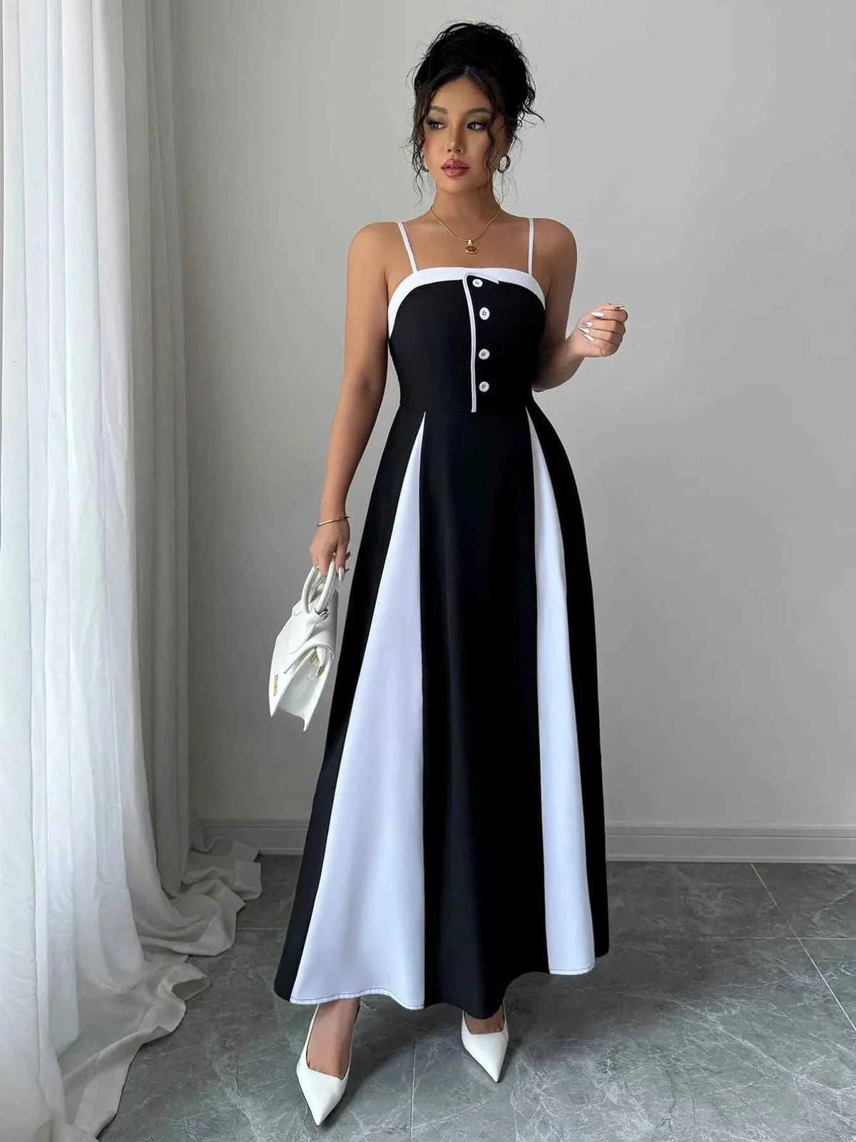 Decorative Button Contrast Maxi Cami Dress