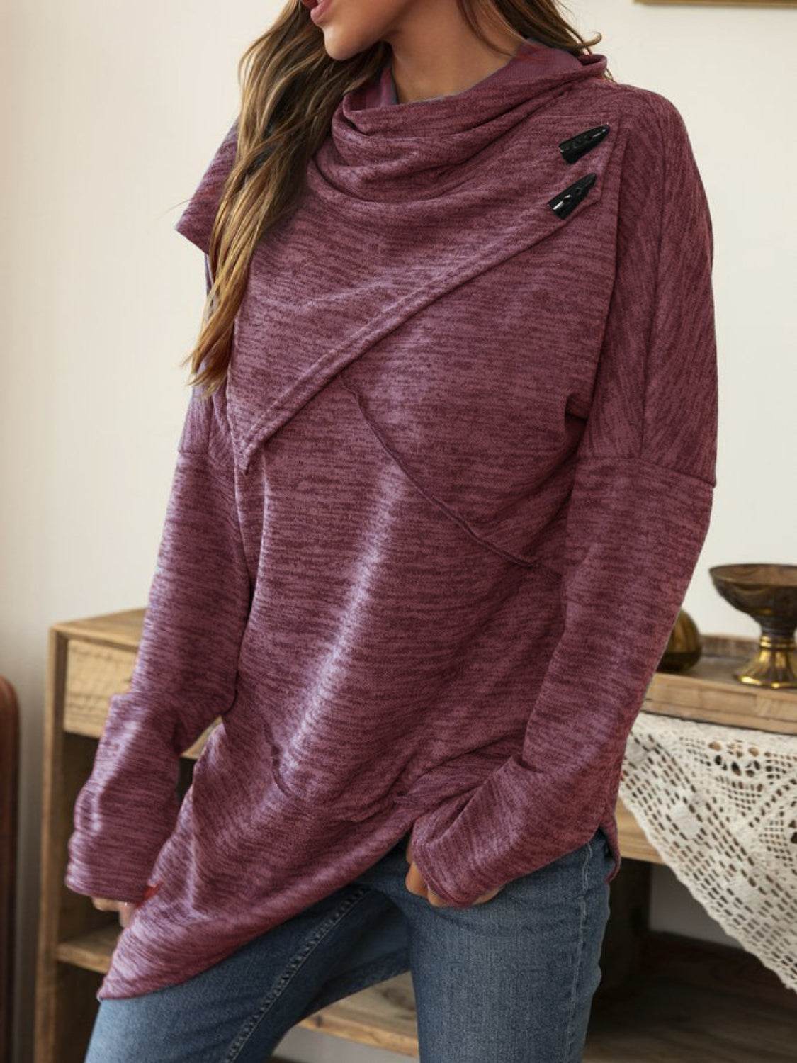 Asymmetrical Hem Cowl Neck Long Sleeve T-Shirt - Amexza