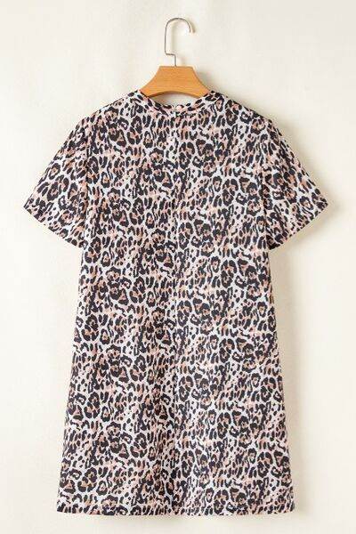 Leopard Round Neck Short Sleeve Mini Dress for a perfect OOTD – dress to impress outfits from Amexza