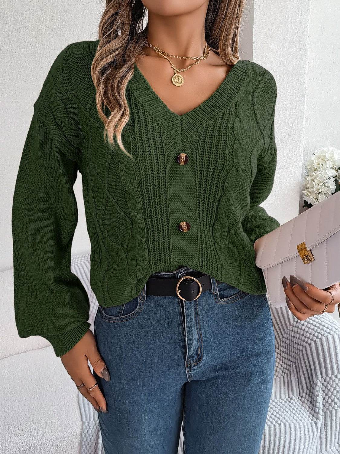 Cable-Knit Buttoned V-Neck Sweater for a perfect OOTD – dress to impress outfits from Amexza