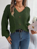 Cable-Knit Buttoned V-Neck Sweater for a perfect OOTD – dress to impress outfits from Amexza
