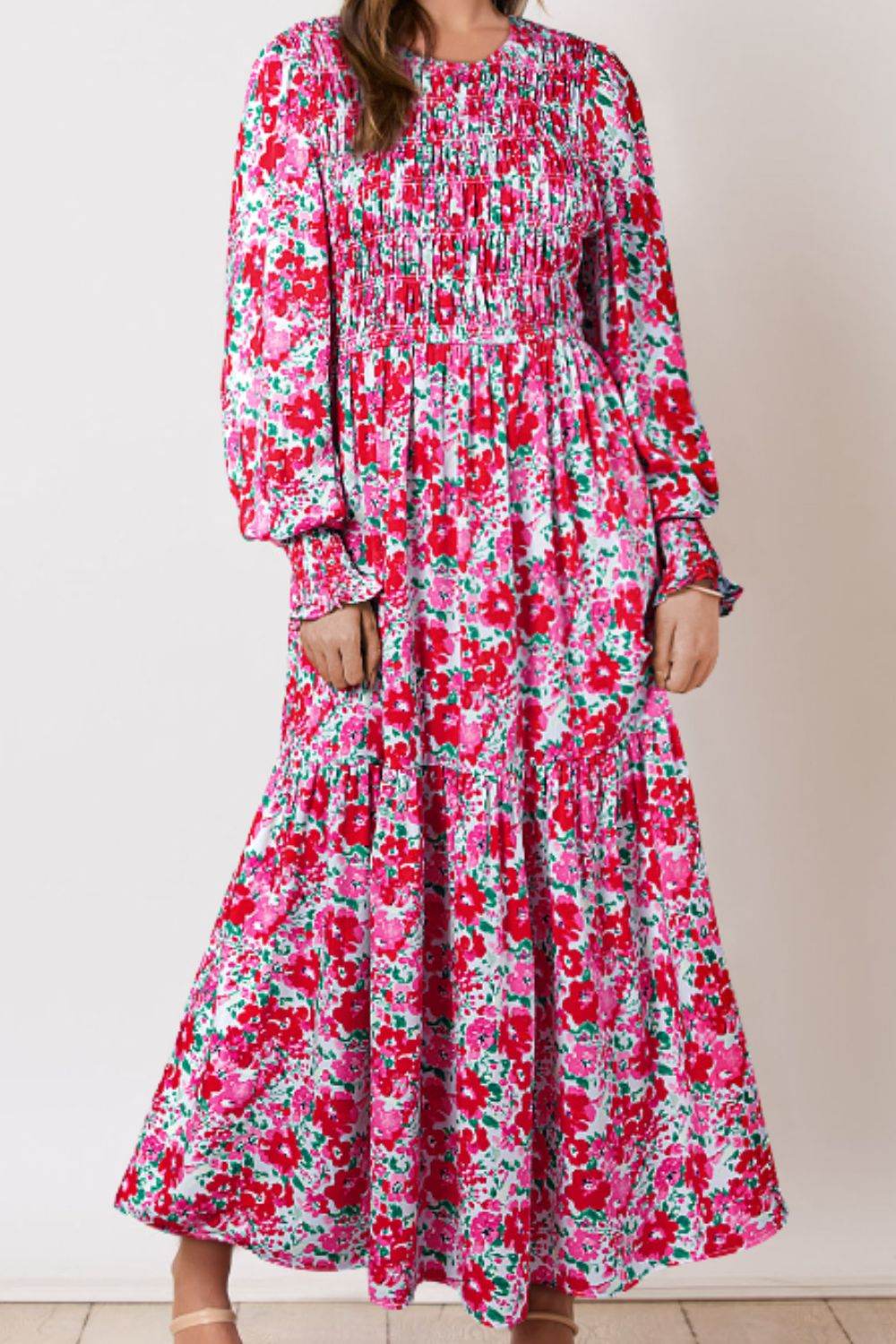 Printed Round Neck Lantern Sleeve Maxi Dress - Amexza