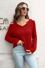 Cold Shoulder V-Neck Cable-Knit Pullover Sweater Red for a perfect OOTD – dress to impress outfits from Amexza