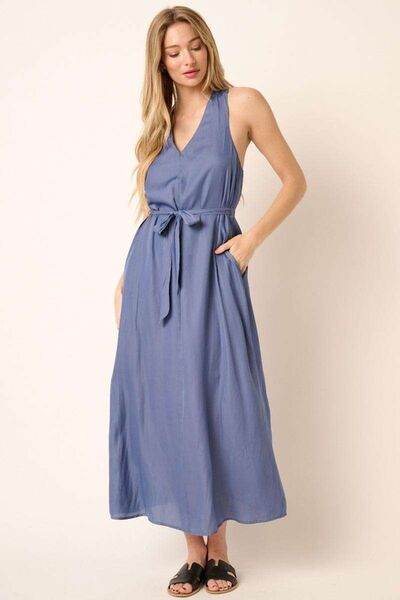 Mittoshop Cross Back Belted V Neck Tank Maxi Dress Dusty Blue for a perfect OOTD – dress to impress outfits from Amexza