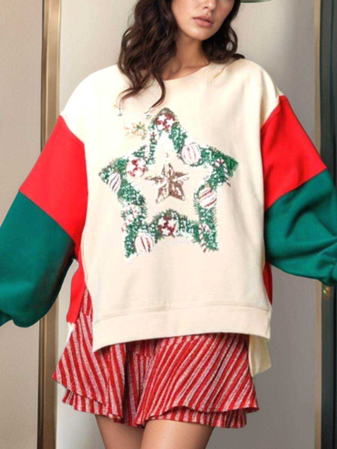 Color Block Star Side Slit Lantern Sleeve Sweatshirt for a perfect OOTD – dress to impress outfits from Amexza