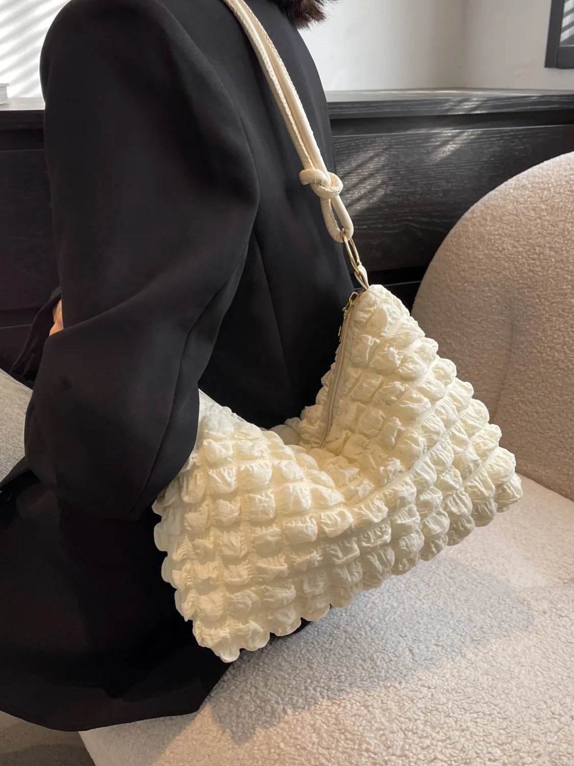 Quilted Bubble Textured Shoulder Bag Beige One Size for a perfect OOTD – dress to impress outfits from Amexza