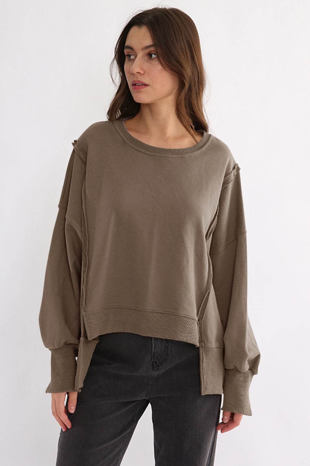 Exposed Seam High-Low Long Sleeve Sweatshirt Taupe One Size for a perfect OOTD – dress to impress outfits from Amexza