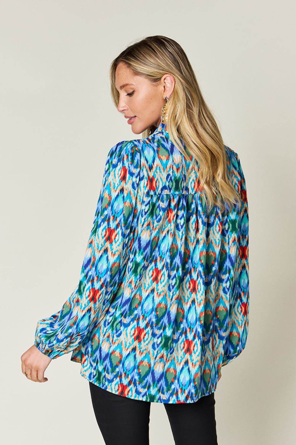 Double Take Full Size Printed Balloon Sleeve Blouse - Amexza