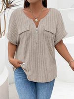 Plus Size Half Zip Short Sleeve T-Shirt Khaki for a perfect OOTD – dress to impress outfits from Amexza