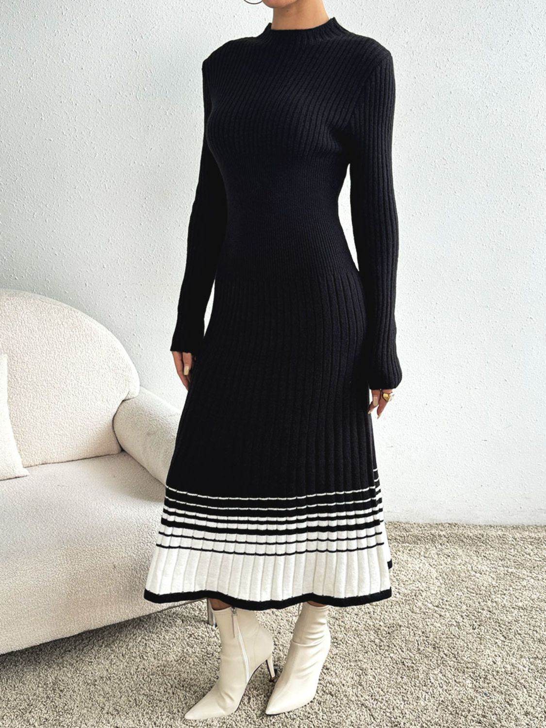 Contrast Mock Neck Long Sleeve Sweater Dress for a perfect OOTD – dress to impress outfits from Amexza