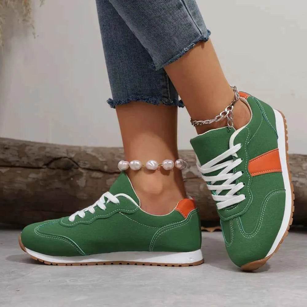 PU Leather Contrast Round Toe Flats Sneakers Green for a perfect OOTD – dress to impress outfits from Amexza