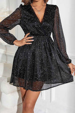Glitter Surplice Long Sleeve Mini Dress - Amexza