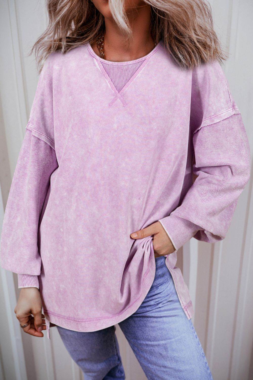 Exposed Seam Round Neck Long Sleeve Sweatshirt Pink Purple for a perfect OOTD – dress to impress outfits from Amexza