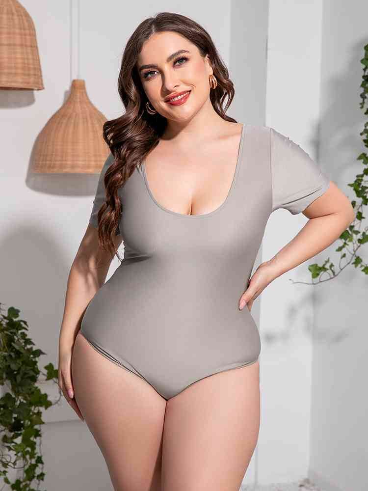 Plus Size Scoop Neck Short Sleeve One-Piece Swimsuit for a perfect OOTD – dress to impress outfits from Amexza