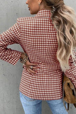Houndstooth Collared Neck Double-Breasted Blazer - Amexza