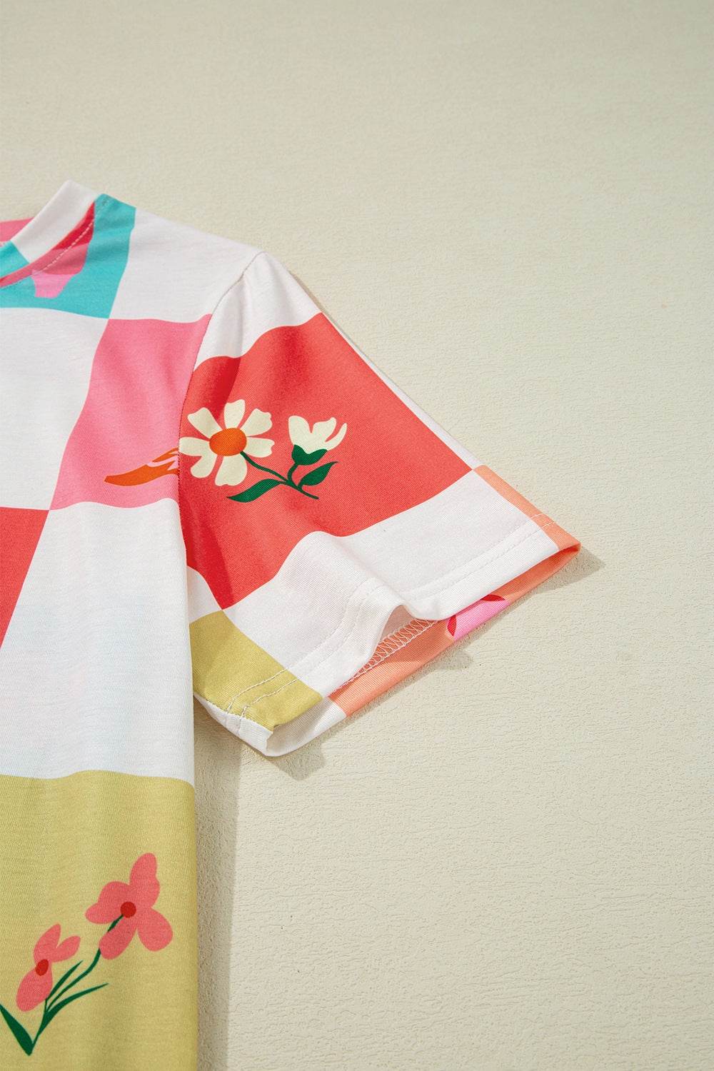 Checker Print Round Neck Short Sleeve T-Shirt - Amexza