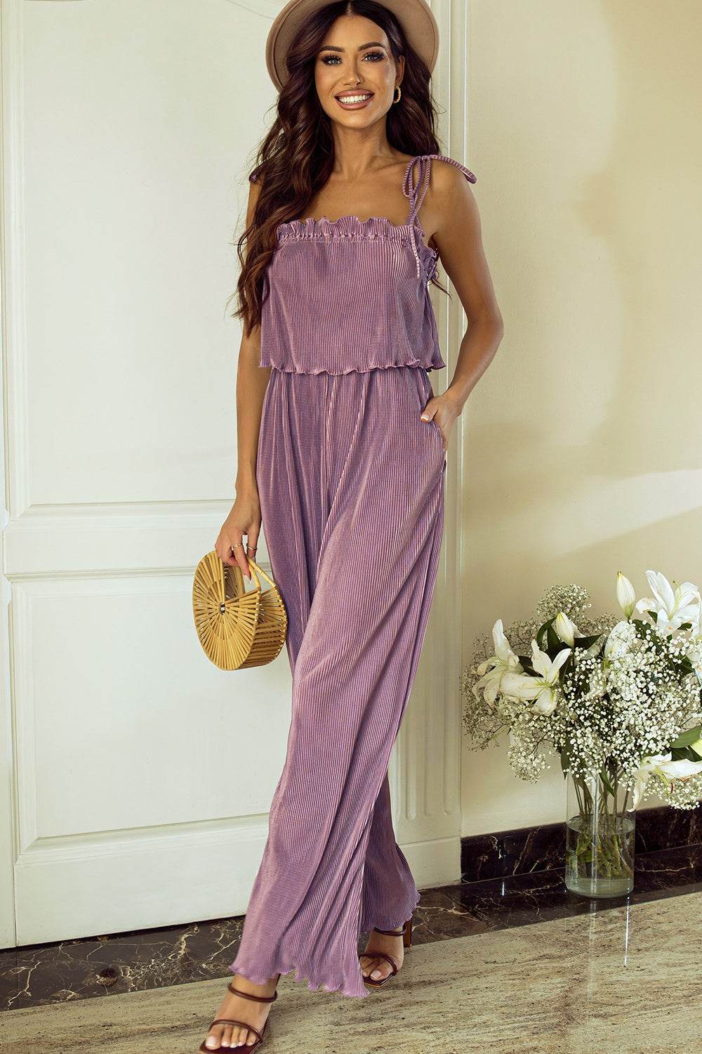 Square Neck Spaghetti Strap Jumpsuit Mauve for a perfect OOTD – dress to impress outfits from Amexza