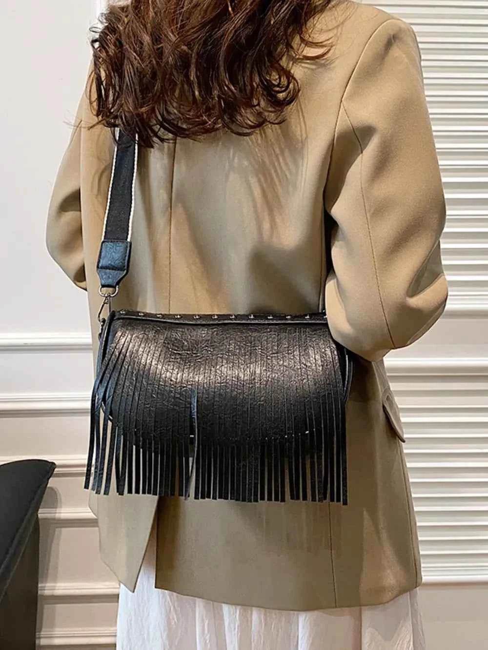 PU Leather Fringe Studded Crossbody Bag Black One Size for a perfect OOTD – dress to impress outfits from Amexza