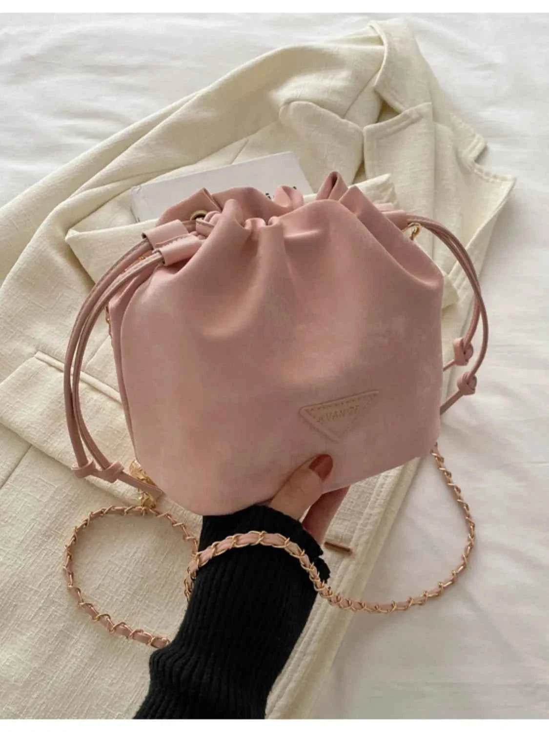 Drawstring Chain Strap Bucket Bag Dusty Pink One Size for a perfect OOTD – dress to impress outfits from Amexza