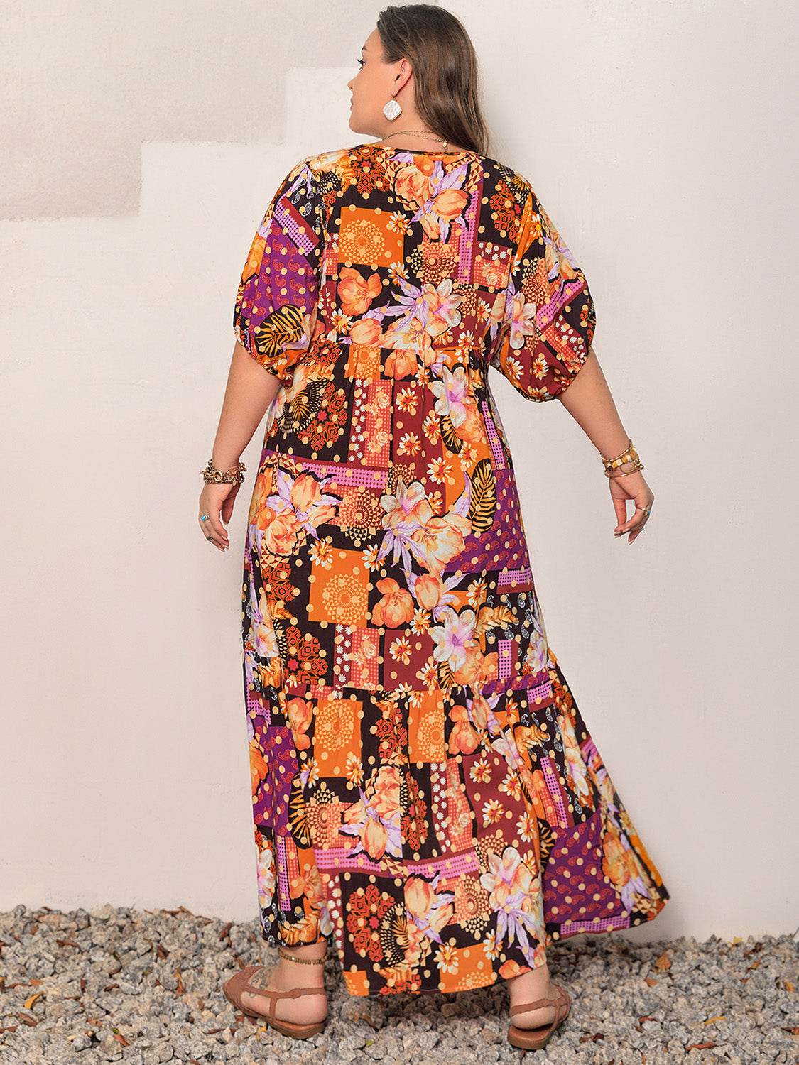 Plus Size Printed V-Neck Half Sleeve Maxi Dress - Amexza