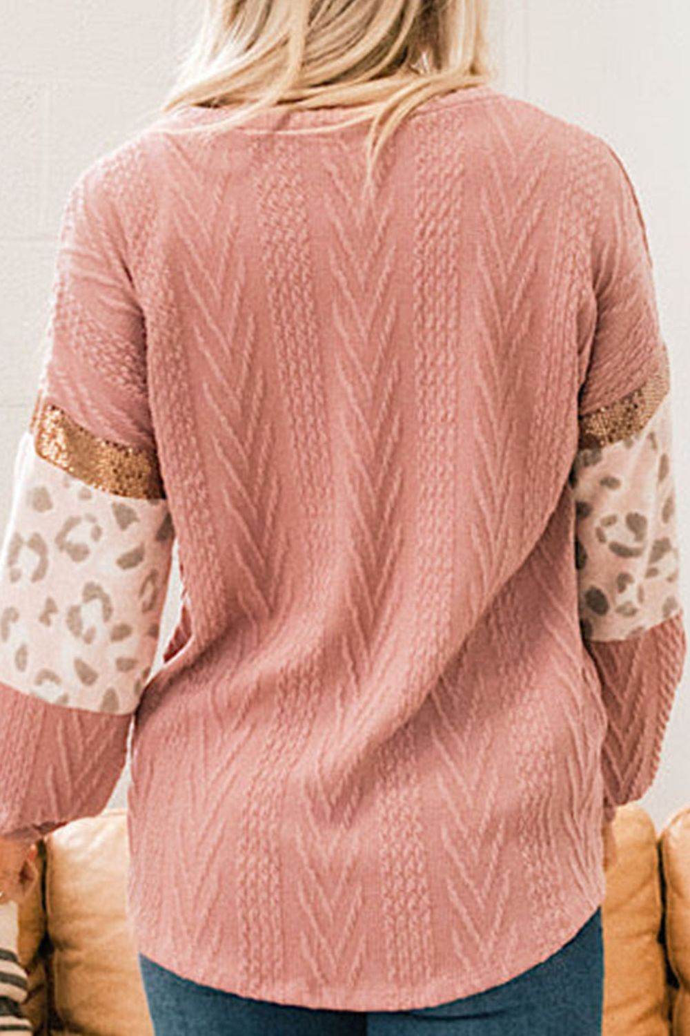 Sequin Leopard Round Neck Long Sleeve Sweater for a perfect OOTD – dress to impress outfits from Amexza